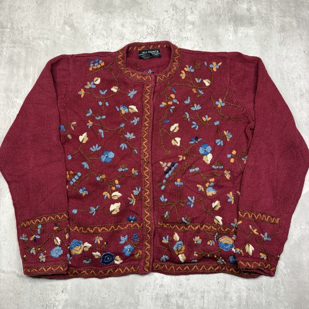 Vintage Reference Point Cardigan Sweater Embroidered Granny Floral Red Nordic M